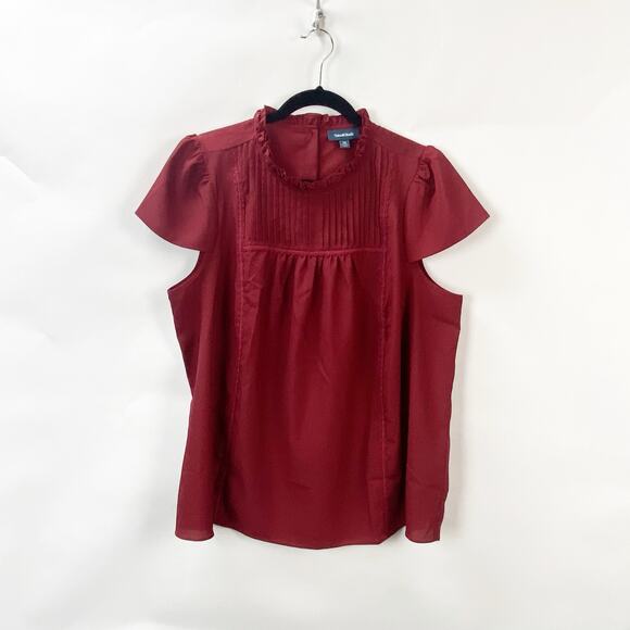 Modcloth 1X Womens Red Wine Velvet Cap Sleeve Ruffle Trim Round Neck Blouse Top - Picture 1 of 9